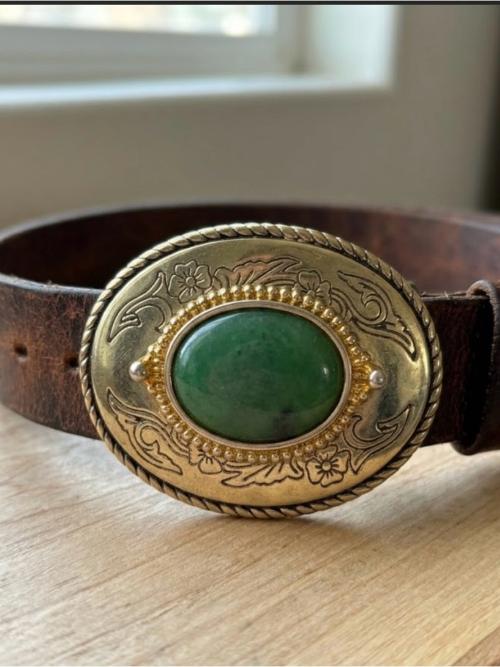 Vintage Western Gold With Green Stone Belt Buckle